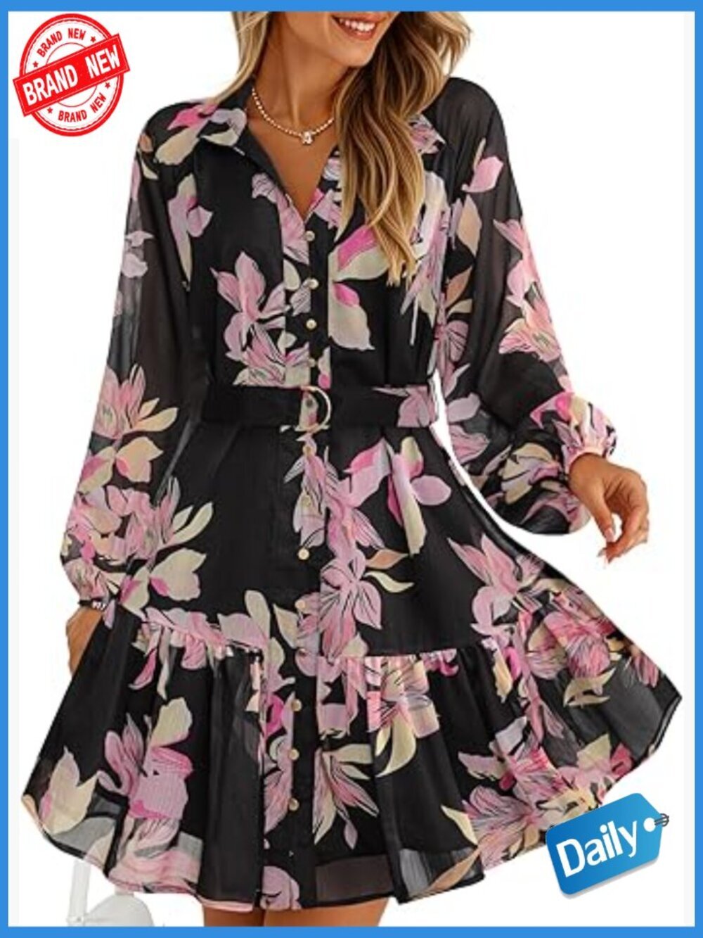 Long Sleeve Floral Chiffon Mini Dress with Belt - A-Line Swing